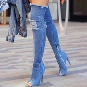 Denim thigh high boots